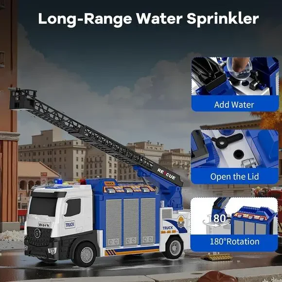 3-In-1 Large Fire Truck Toy with Garage & 6 Cars, Water Pump, Extendable Ladder, - Picture 6 of 7